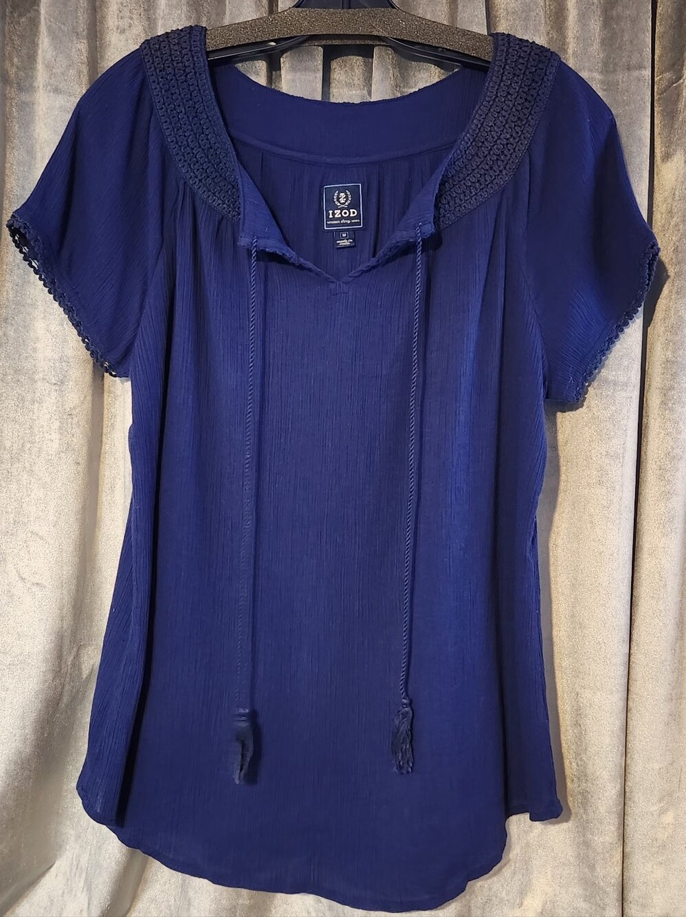 Izod Navy Short-Sleeve Smocked Neck Blouse